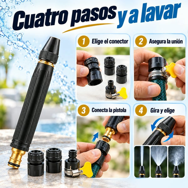 Cuatro pasos para usar LavaJet 3en1: elegir el conector, asegurar la unión, conectar la pistola y girar el selector