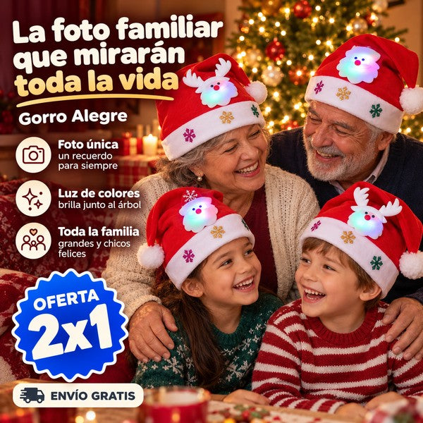Gorro Alegre - Familia con gorros navideños encendidos frente al árbol