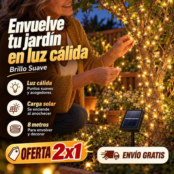 Brillo Suave: guirnalda solar de luz cálida envuelta en un árbol, con oferta 2x1 y envío gratis