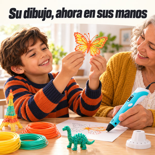 Niño sosteniendo una mariposa hecha con el lápiz 3D