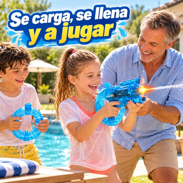 Abuelo entrega la pistola de agua a su nieta mientras el nieto sostiene el tanque