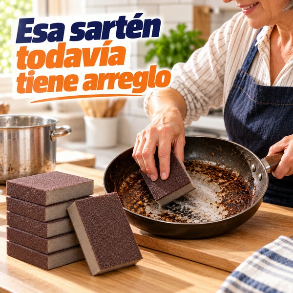 Frotando una sartén con grasa pegada con la esponja abrasiva
