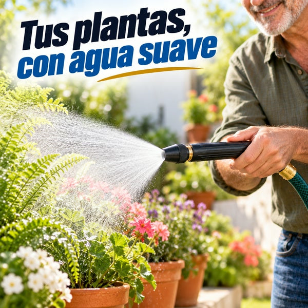 Hombre regando macetas con la neblina suave de la pistola LavaJet