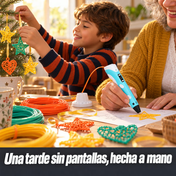 Abuela y nieto haciendo adornos con el lápiz 3D