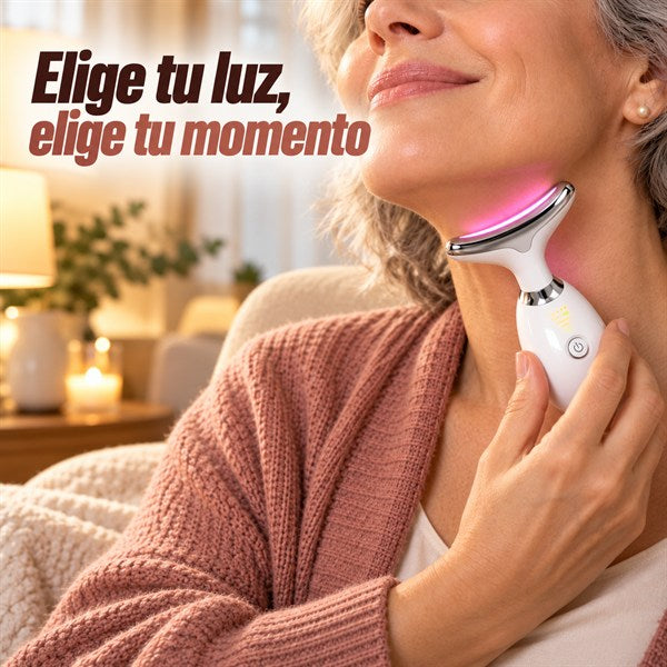 Mujer relajada usando el masajeador GlowMasaje con luz LED en el cuello