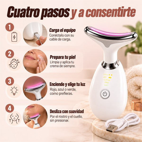 Cuatro pasos para usar GlowMasaje: cargar, preparar la piel, encender y deslizar