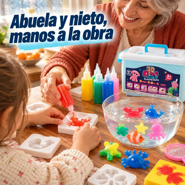 Abuela y nieto rellenan un molde de cangrejo con gel rojo