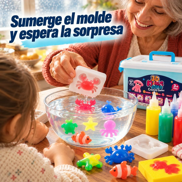 Abuela sumerge un molde de cangrejo en una fuente con agua mientras el nieto mira