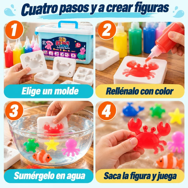 Cuatro pasos para crear figuras: elegir molde, rellenar con color, sumergir en agua y sacar la figura