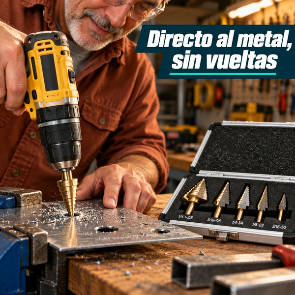 Persona taladrando una lámina de metal con una broca escalonada