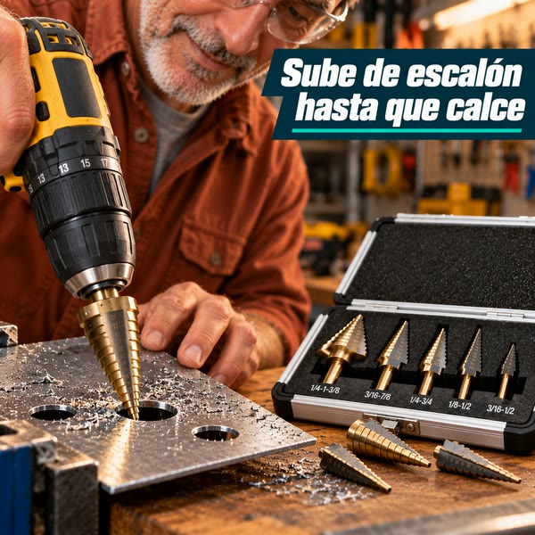 Persona agrandando un hoyo en metal con una broca escalonada