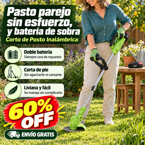 Corta de pasto inalámbrica con doble batería - portada con beneficios y oferta