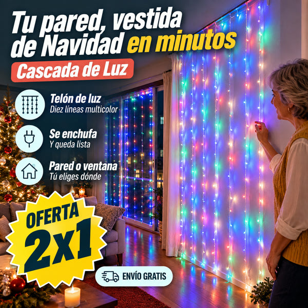 Cascada de Luz: cortina de luces multicolor en una pared del living