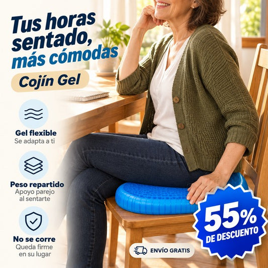 Mujer sentada en una silla de comedor sobre el cojín de gel azul, con el titular Tus horas sentado, más cómodas