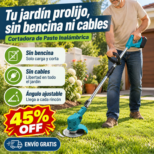 Cortadora de pasto inalámbrica - portada con beneficios y oferta