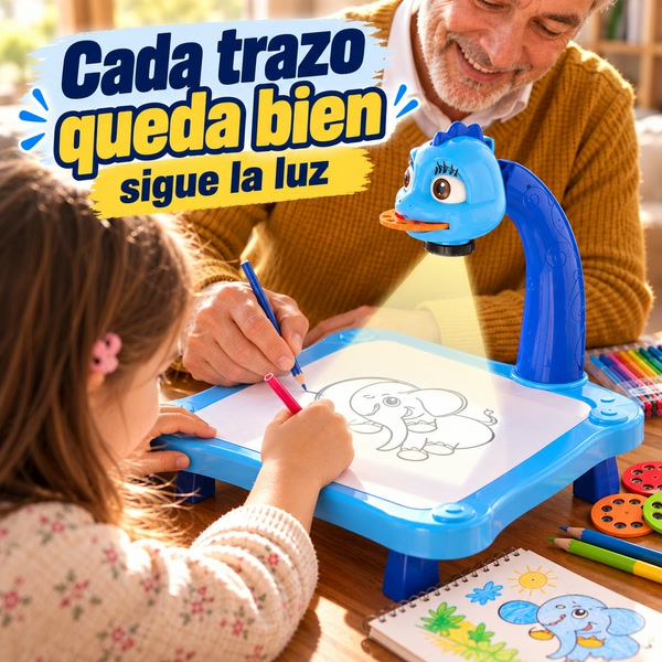 Abuelo y nieta calcando un dibujo con el proyector