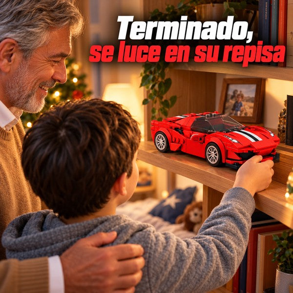 Auto deportivo rojo terminado puesto en la repisa de una pieza