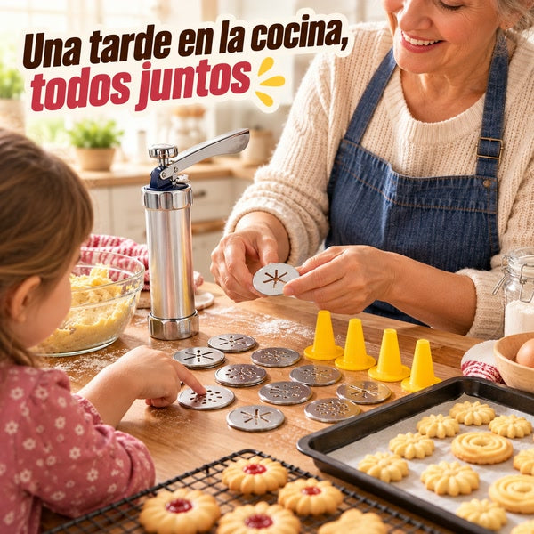 Abuela y nieto eligiendo un disco de la máquina para hacer galletas