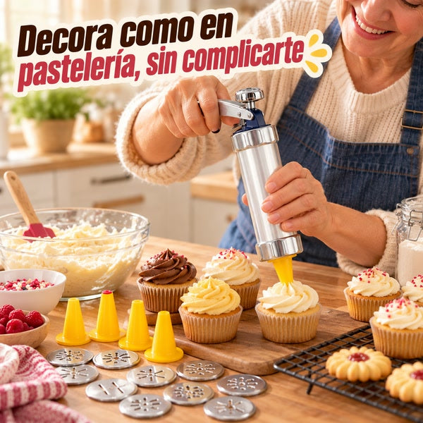 Manos decorando cupcakes con una boquilla de la máquina para hacer galletas