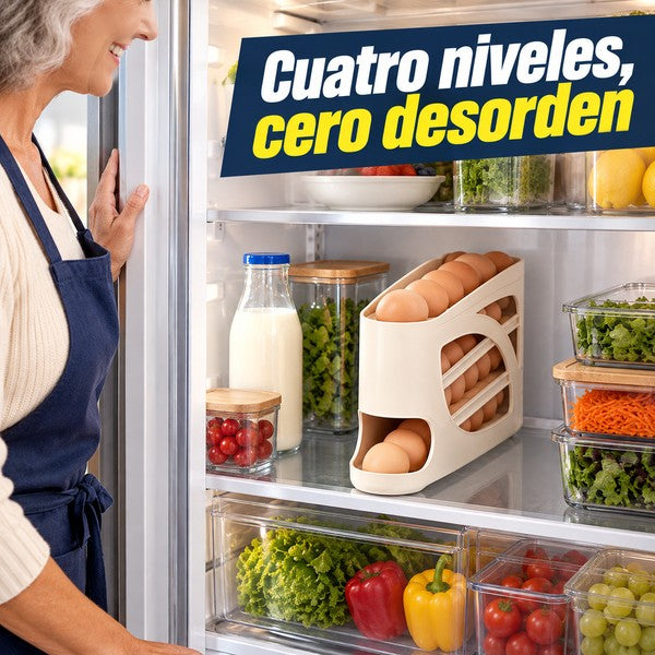Huevera rodante con los huevos ordenados en un refrigerador