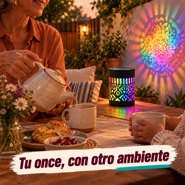Once en la terraza con el mandala de luz de LuzMandala