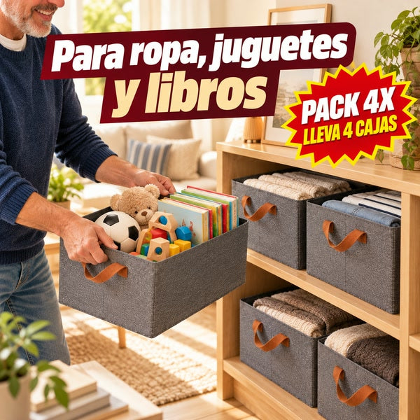 Cajas organizadoras plegables con ropa, juguetes y libros en el living