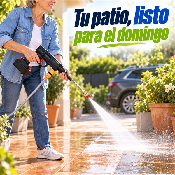 Mujer lavando la terraza con la hidrolavadora inalámbrica