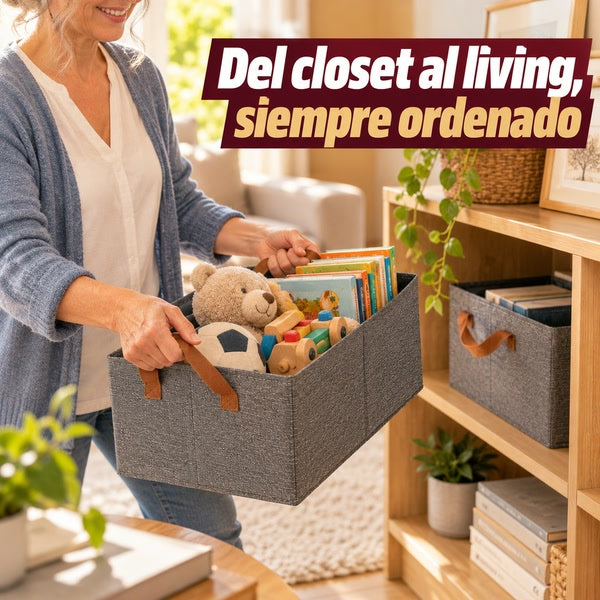 Ordena Todo Plegable llevada del closet al living con juguetes y libros