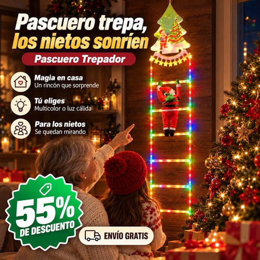 Pascuero Trepador: escalera de luces LED con Pascuero trepando, abuela y nieta mirándola, con 55% de descuento y envío gratis