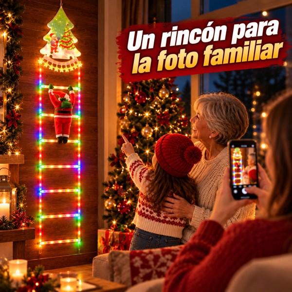 Familia junto a la escalera de luces navideña tomando una foto: un rincón para la foto familiar