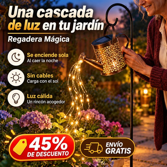 Regadera Mágica con una cascada de luz cálida en un jardín de noche