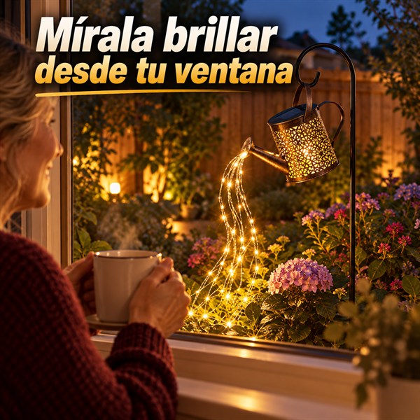 Mujer con una taza mirando por la ventana la regadera solar encendida en el jardín
