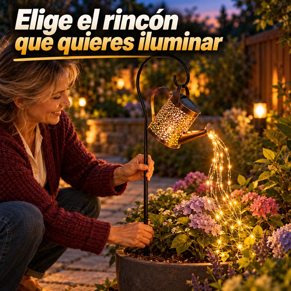 Mujer plantando el gancho de la regadera solar en una maceta del jardín