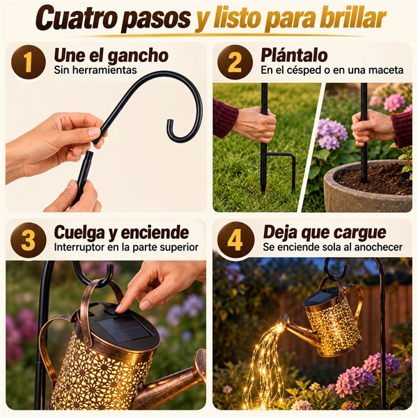 Cuatro pasos para usar la regadera solar: unir el gancho, plantarlo, colgar y encender, y dejar que cargue