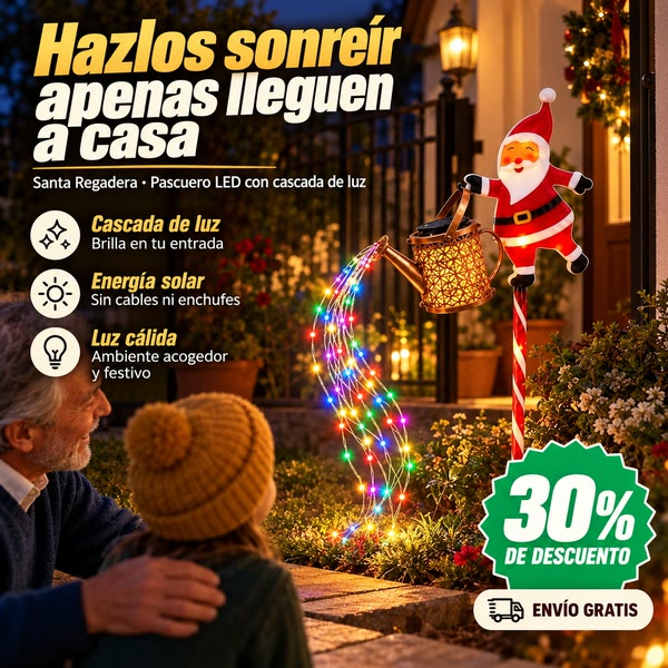 Pascuero LED con regadera de luces en la entrada de una casa, con un abuelo y su nieto mirándolo. Oferta 30% de descuento y envío gratis