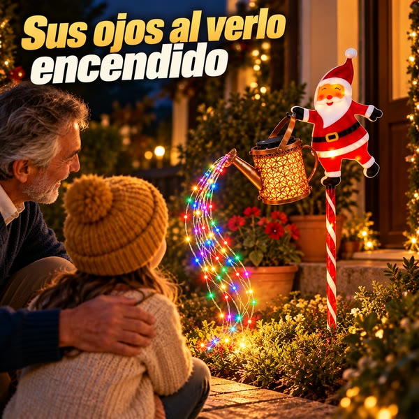 Un abuelo y su nieto de espaldas miran el Pascuero LED con cascada de luz encendido