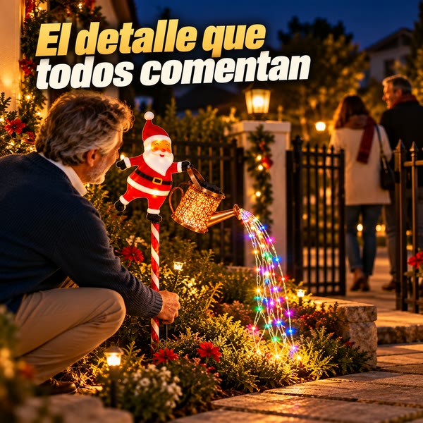 Hombre ubica el Pascuero LED con regadera junto a la entrada mientras unos vecinos lo miran desde la calle