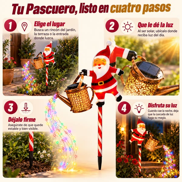 Infografía de cuatro pasos para instalar el Pascuero LED con regadera