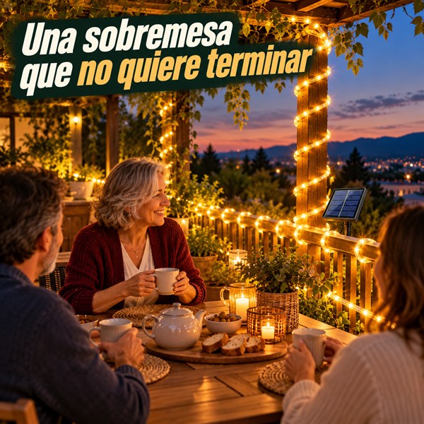 Sobremesa en una terraza con el Tubo de Luz encendido en la baranda y la pérgola
