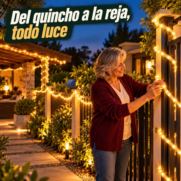Mujer colocando el Tubo de Luz en la reja de entrada, con la luz recorriendo el quincho y el cerco