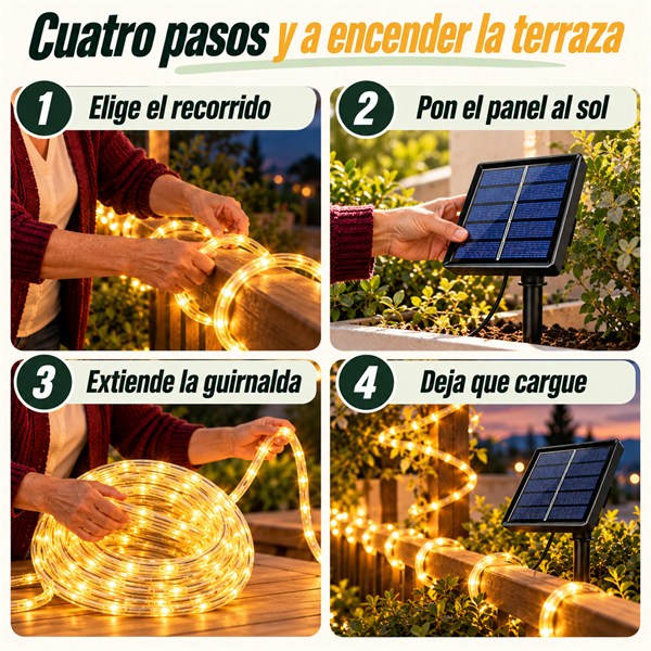 Cuatro pasos para instalar el Tubo de Luz: elegir el recorrido, poner el panel al sol, extender la guirnalda y dejar que cargue