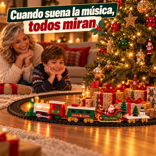 Familia mirando cómo el tren navideño recorre el árbol de Navidad con luces
