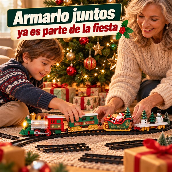 Abuela y nieto armando las vías del tren navideño alrededor del árbol
